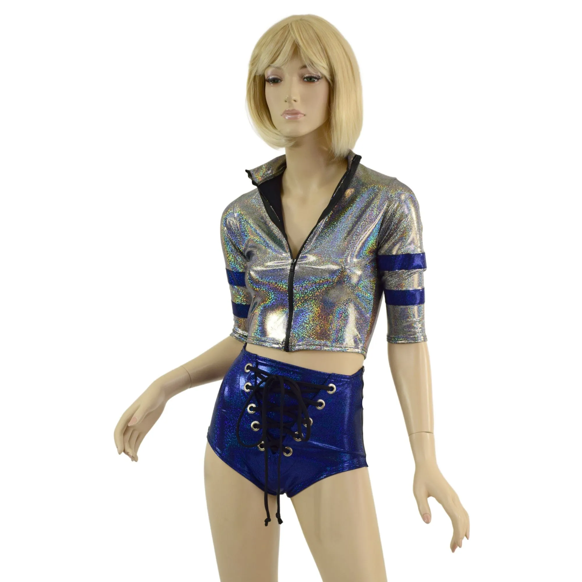 Sporty Silver and Blue Shorts and Top Set with Laceup, Stripes, and Zipper