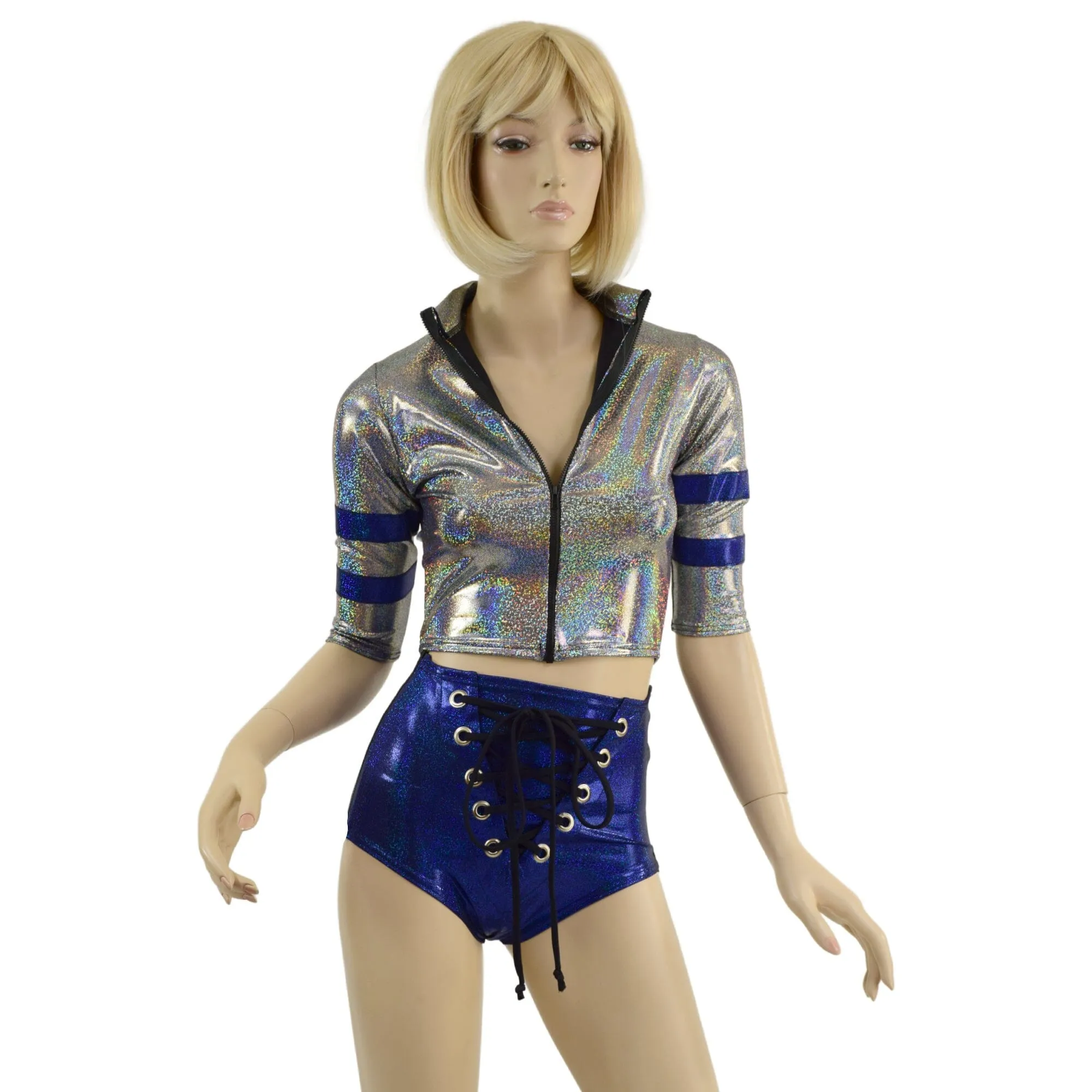 Sporty Silver and Blue Shorts and Top Set with Laceup, Stripes, and Zipper