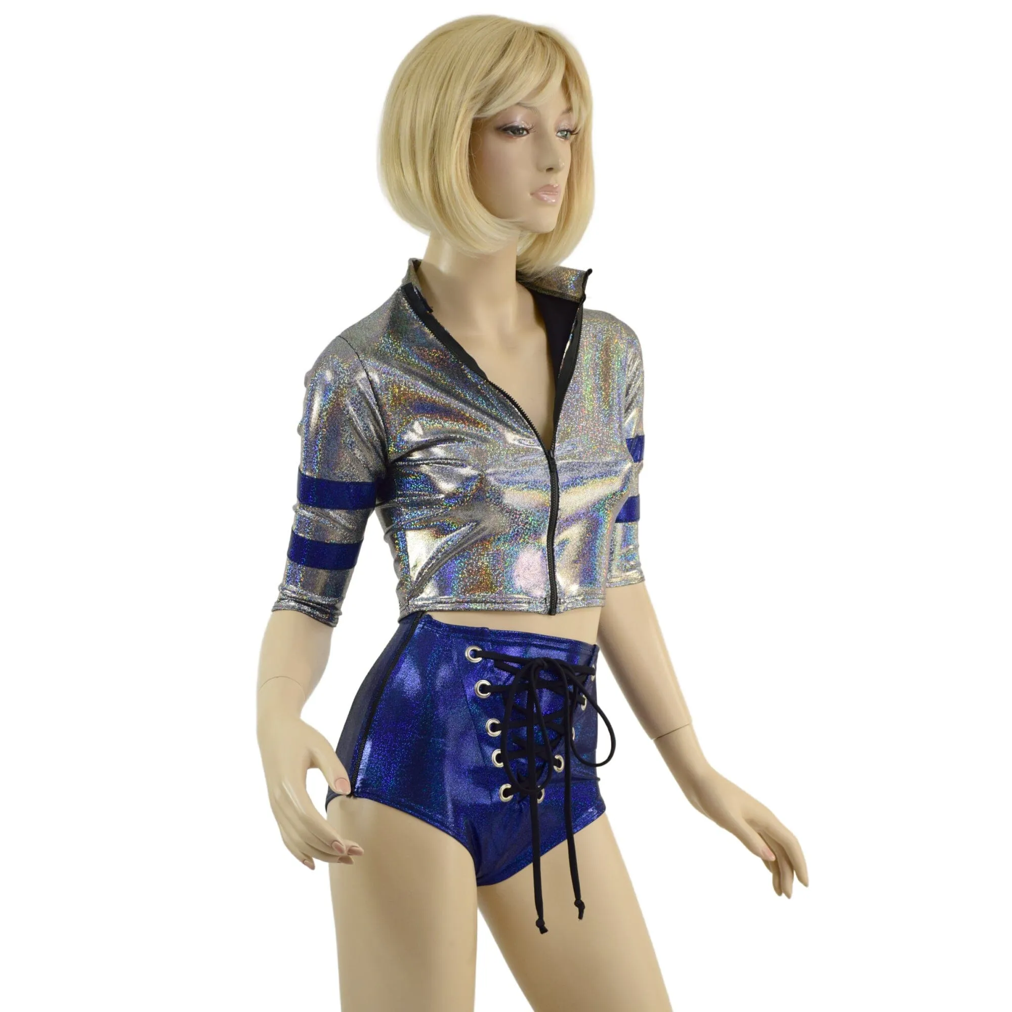 Sporty Silver and Blue Shorts and Top Set with Laceup, Stripes, and Zipper