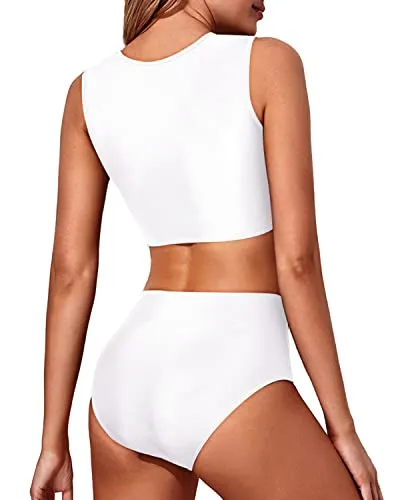 Stylish Tie Knot Front Swimsuit Lace-Up High Waisted Bikini for Women's Two Piece
