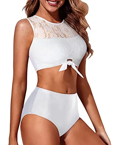 Stylish Tie Knot Front Swimsuit Lace-Up High Waisted Bikini for Women's Two Piece