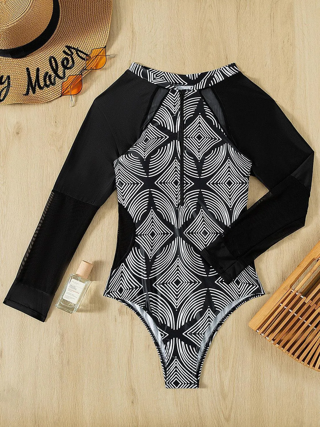 Sun Protect Half Zip Long Sleeve One Piece Swimsuit