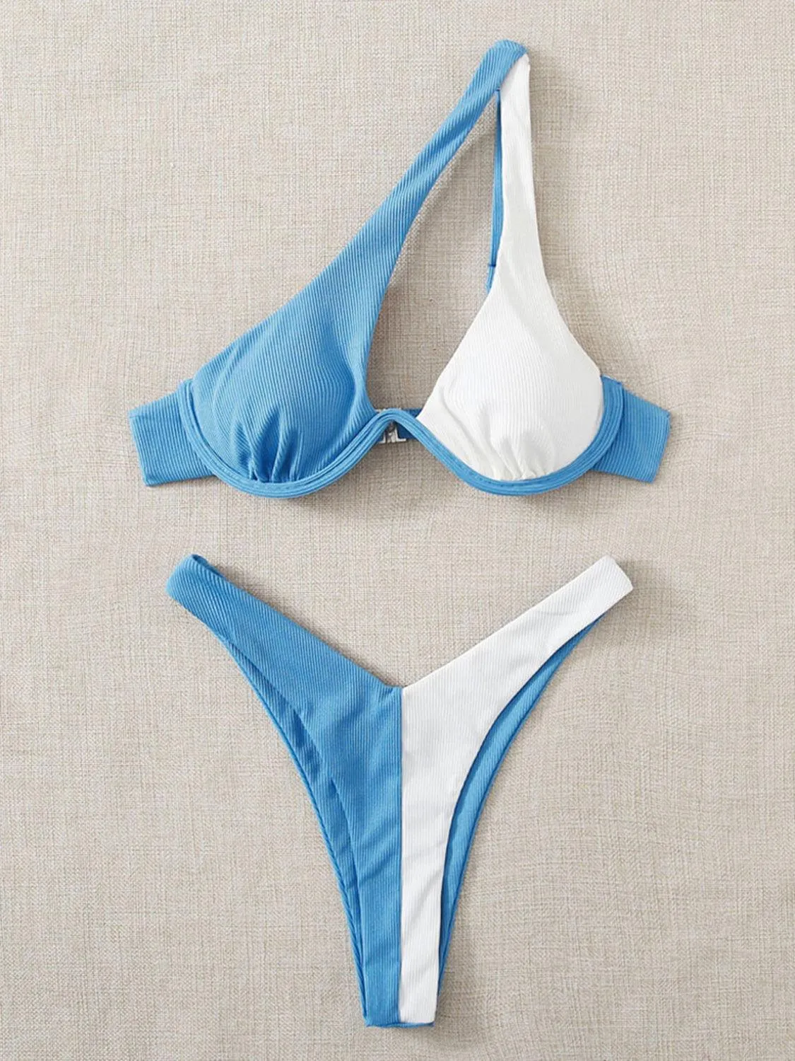 Sunkissed Colorblock One Shoulder Bikini Set