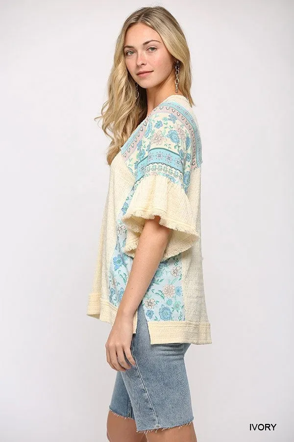 Texture Knit And Print Mixed Hi Low Hem Top in Ivory