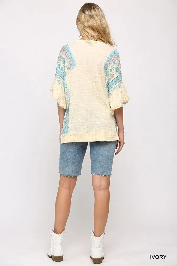Texture Knit And Print Mixed Hi Low Hem Top in Ivory