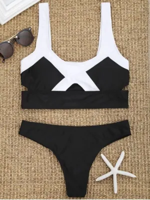 Trendy Two Tone Cut Out Thong Bikini Set
