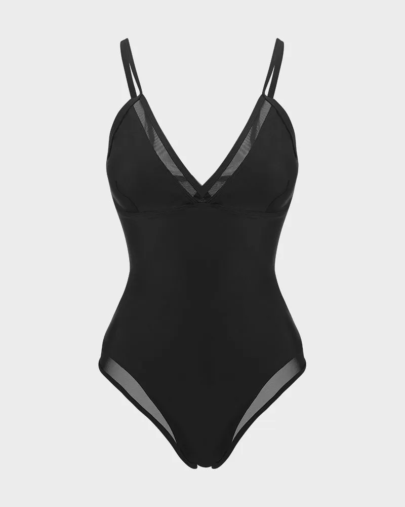 V-Neck Mesh Inset Lace-Up Shaping Swimsuit
