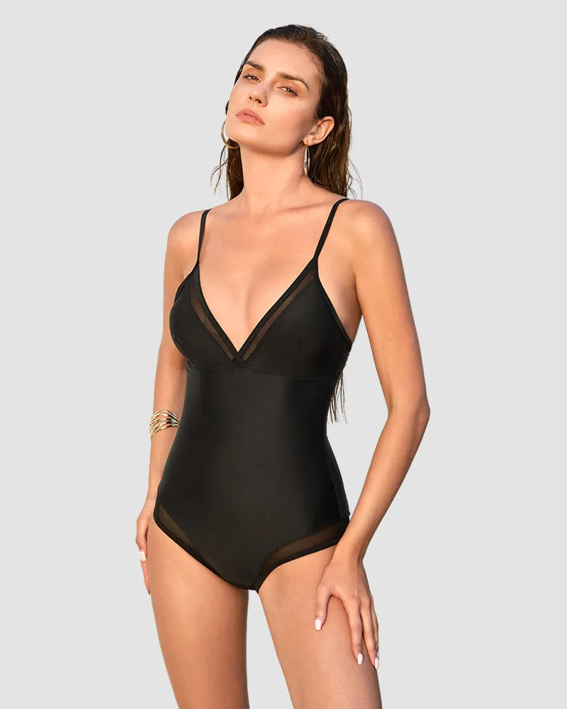 V-Neck Mesh Inset Lace-Up Shaping Swimsuit