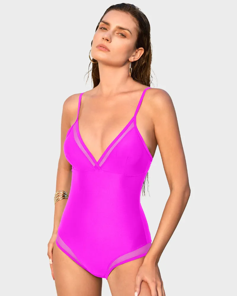 V-Neck Mesh Inset Lace-Up Shaping Swimsuit