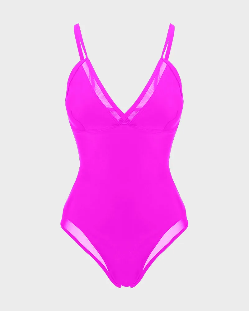 V-Neck Mesh Inset Lace-Up Shaping Swimsuit