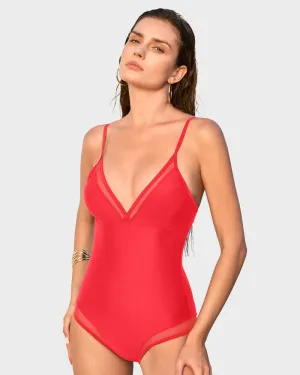 V-Neck Mesh Inset Lace-Up Shaping Swimsuit