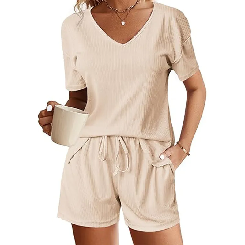 V-Neck Short Sleeve Shirt with Matching Shorts Set