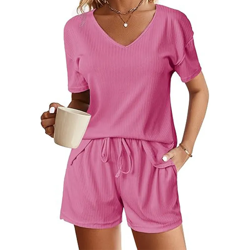 V-Neck Short Sleeve Shirt with Matching Shorts Set