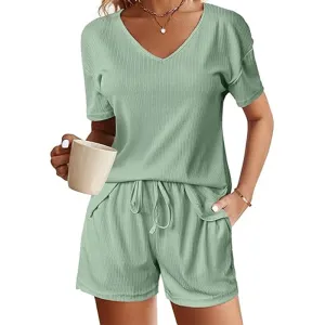 V-Neck Short Sleeve Shirt with Matching Shorts Set