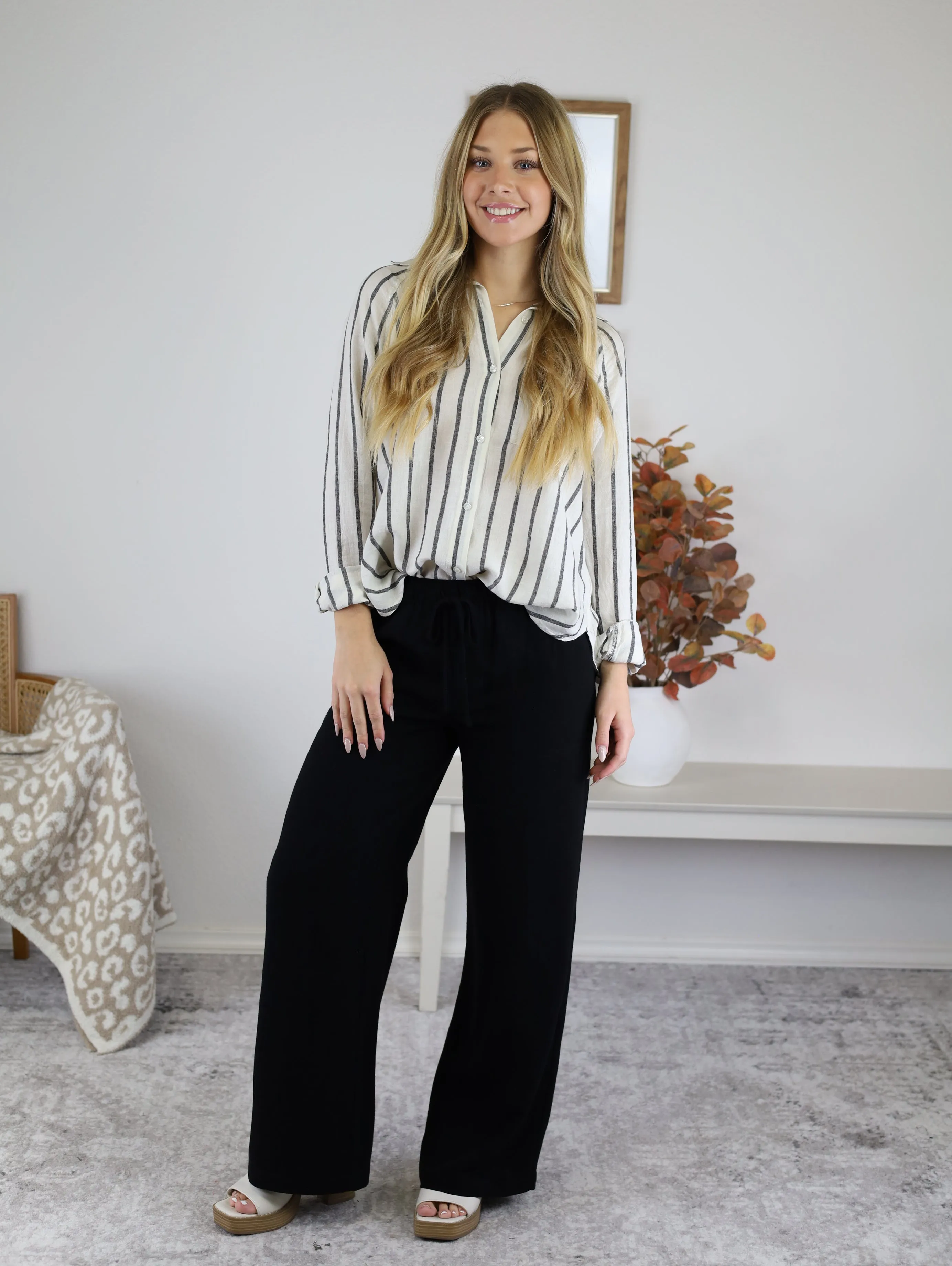 Wade Wide Leg Linen Blend Pant - Black