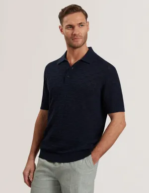 Waterby Short Sleeve Textured Silk Cotton Polo Shirt   Mid-Navy