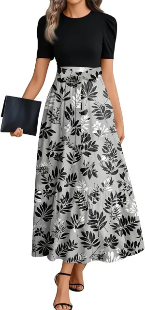 Women 2025 Summer Casual Round Neck Short Sleeve Long Tiered Floral Maxi Flowy Beach Dress