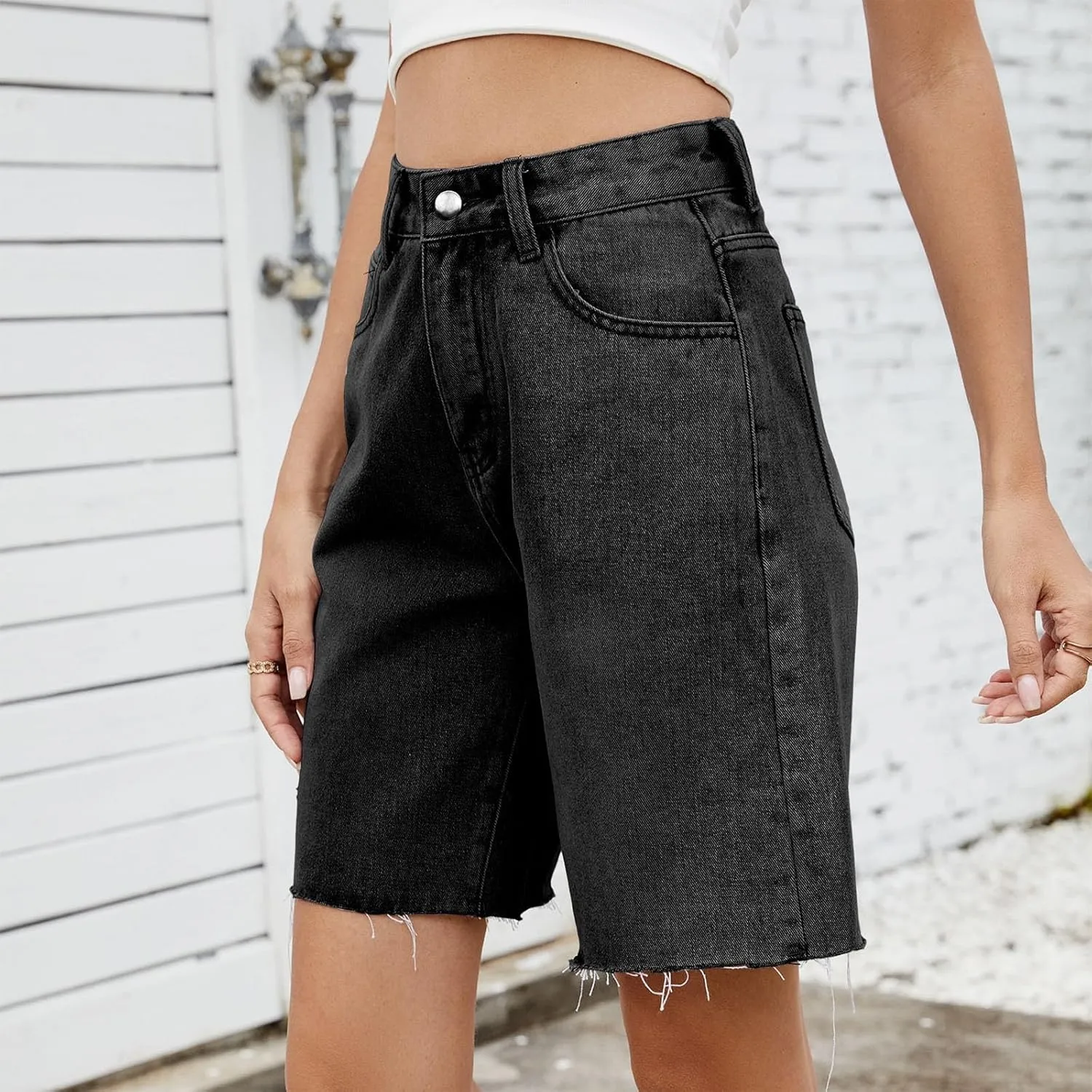Women Baggy Jeans Shorts High Waisted Stretchy Summer Shorts Straight Leg Button Down Zip Up Bermuda Denim Pants