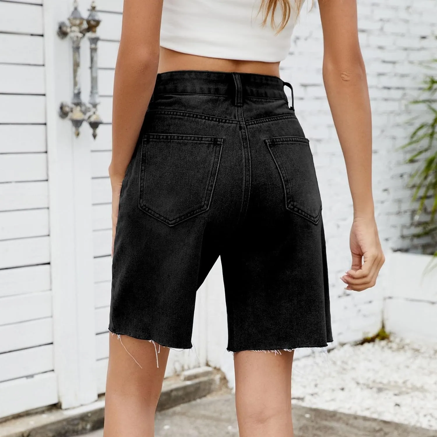 Women Baggy Jeans Shorts High Waisted Stretchy Summer Shorts Straight Leg Button Down Zip Up Bermuda Denim Pants
