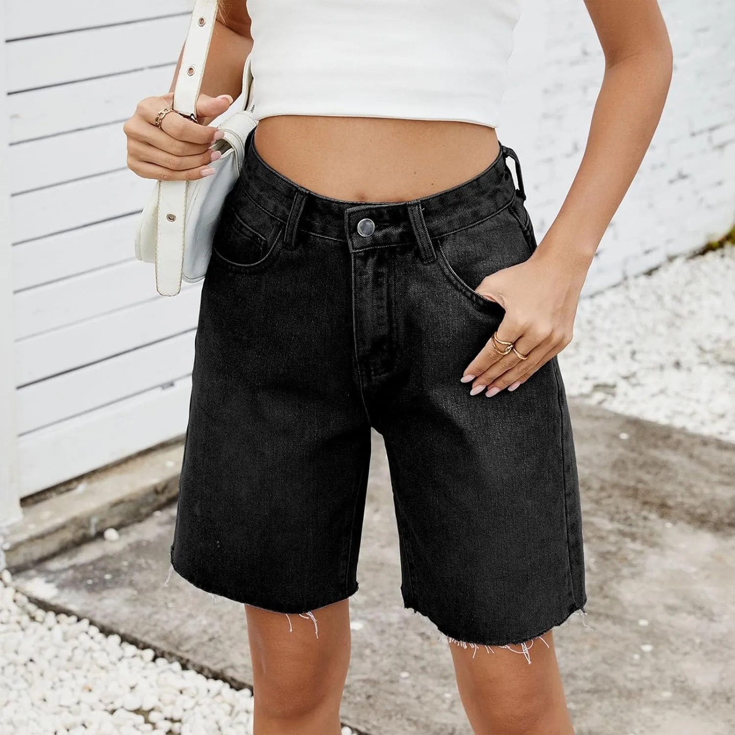 Women Baggy Jeans Shorts High Waisted Stretchy Summer Shorts Straight Leg Button Down Zip Up Bermuda Denim Pants