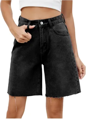 Women Baggy Jeans Shorts High Waisted Stretchy Summer Shorts Straight Leg Button Down Zip Up Bermuda Denim Pants
