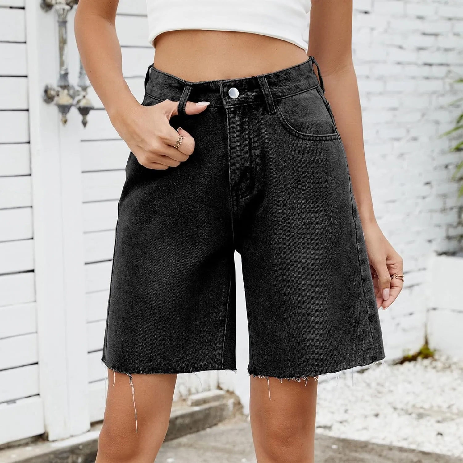 Women Baggy Jeans Shorts High Waisted Stretchy Summer Shorts Straight Leg Button Down Zip Up Bermuda Denim Pants