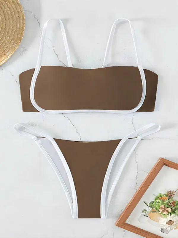 Women's solid color fashion swimsuit set sweet bikini split swimsuit