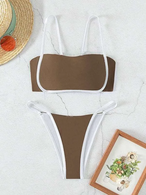Women's solid color fashion swimsuit set sweet bikini split swimsuit
