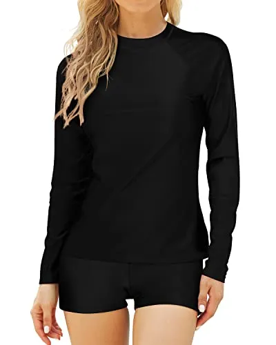 Women's Stretchy Swimwear Upf 50  Protection Two Piece Crew Neck Long Sleeve Rashguard-Black