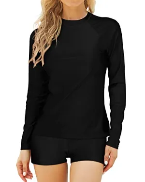 Women's Stretchy Swimwear Upf 50  Protection Two Piece Crew Neck Long Sleeve Rashguard-Black