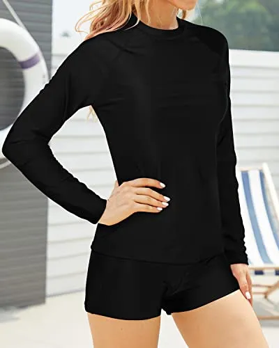 Women's Stretchy Swimwear Upf 50  Protection Two Piece Crew Neck Long Sleeve Rashguard-Black