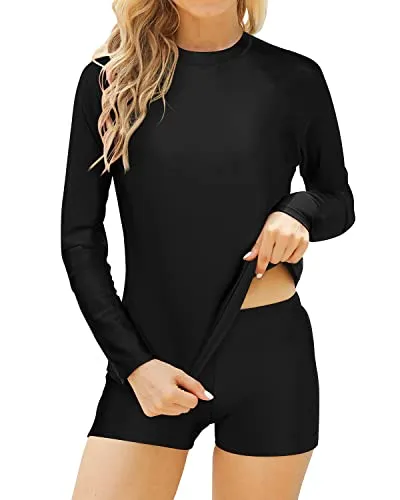 Women's Stretchy Swimwear Upf 50  Protection Two Piece Crew Neck Long Sleeve Rashguard-Black