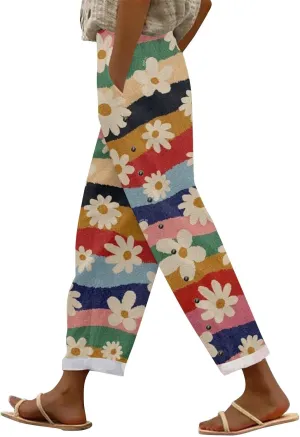 Women's Summer Casual Linen Pants Trousers Side Cropped Pants Loose Casual Printed Petite Summer Beachwear