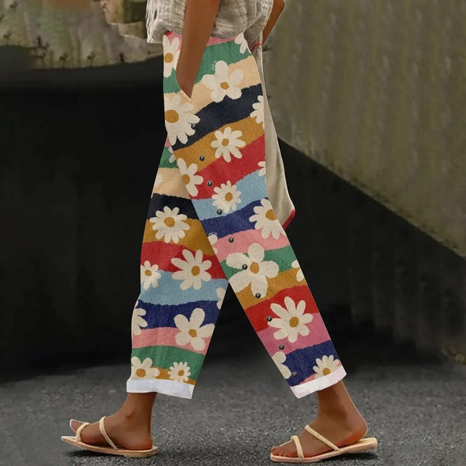 Women's Summer Casual Linen Pants Trousers Side Cropped Pants Loose Casual Printed Petite Summer Beachwear