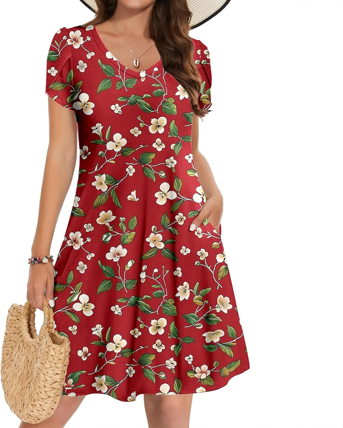 Womens Summer Dresses Casual Floral Sun Dresses Mini a-line Dress Flowy Beach Swing Dress Vacation with Pockets
