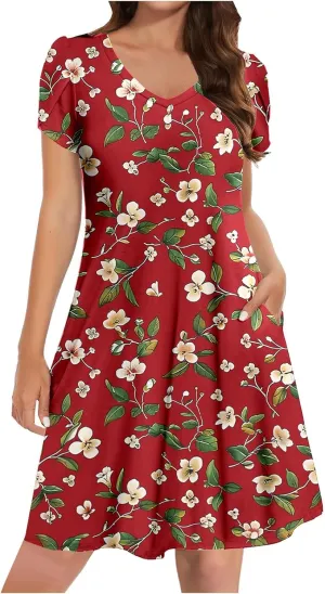 Womens Summer Dresses Casual Floral Sun Dresses Mini a-line Dress Flowy Beach Swing Dress Vacation with Pockets