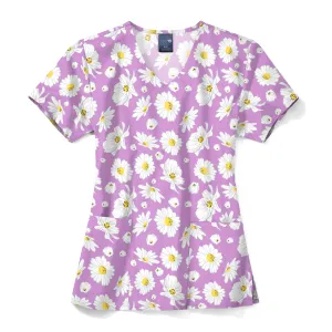 Zoe Chloe Performance V-Neck Print Scrub Top - Daisy Crazy