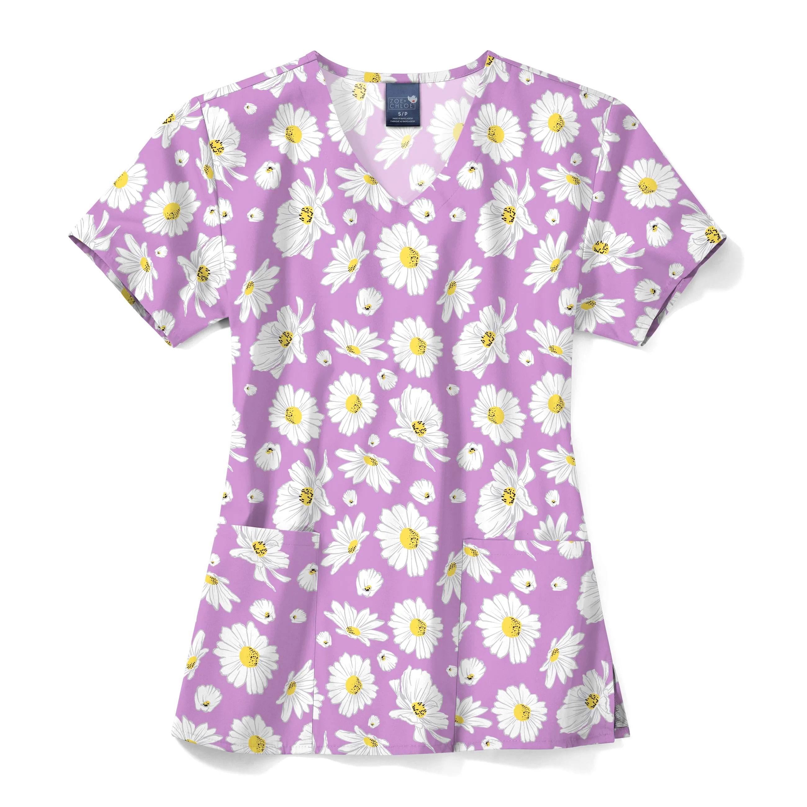Zoe Chloe Performance V-Neck Print Scrub Top - Daisy Crazy