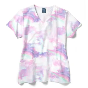 Zoe Chloe Performance V-Neck Print Scrub Top - Rainbow Sparkle Sky