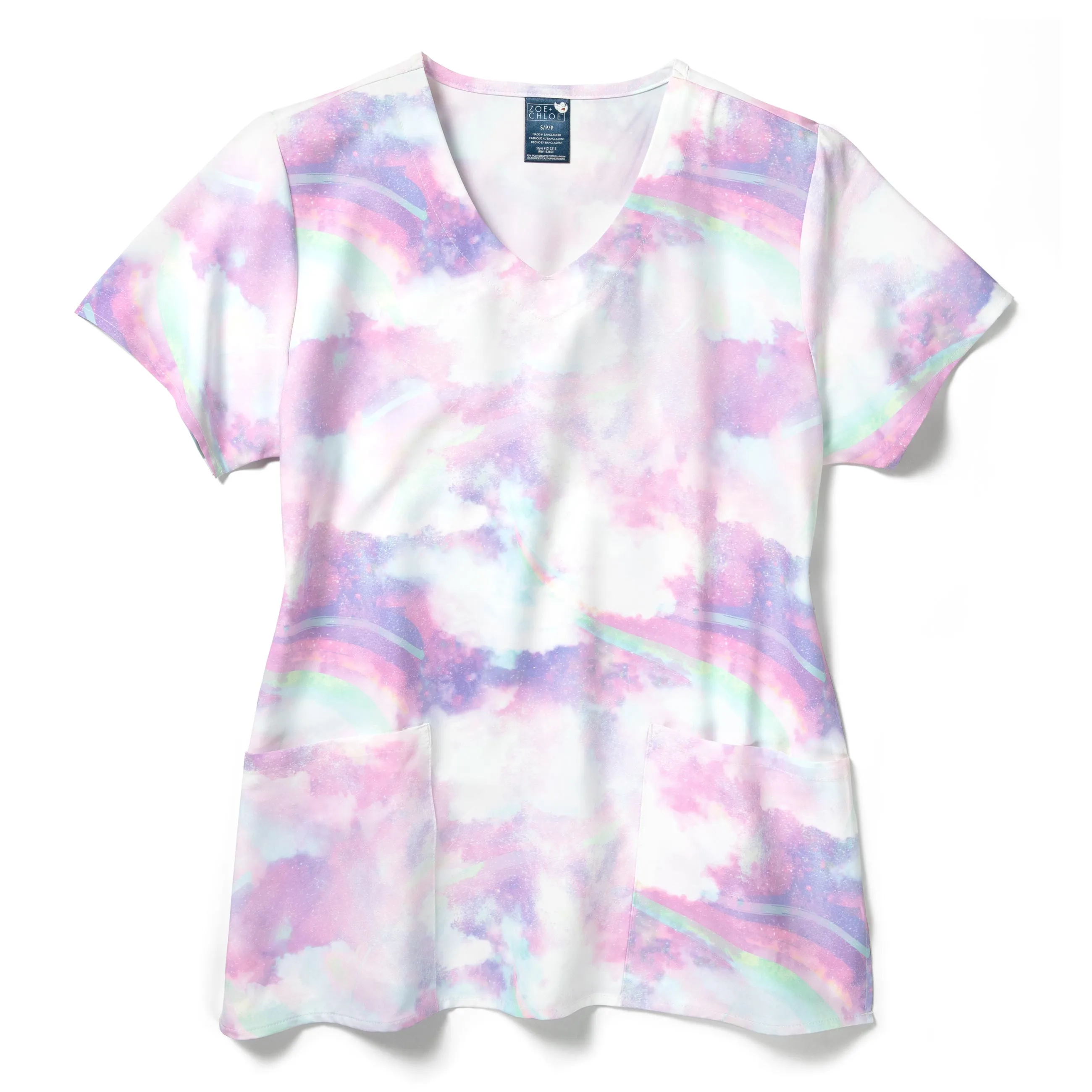 Zoe Chloe Performance V-Neck Print Scrub Top - Rainbow Sparkle Sky